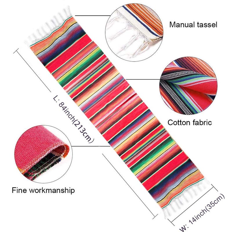 Fowecelt Mexican Serape Table Runner 14 x 84 Inch for Mexican Party Wedding Decorations Outdoor Picnics Dining Table, Fringe Cotton Handwoven Table Runners - Image 2